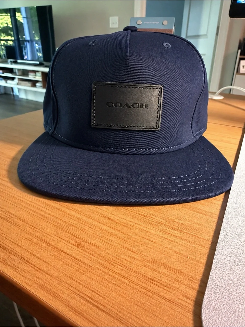 Coach Navy Cap with Black Leather Logo Patch